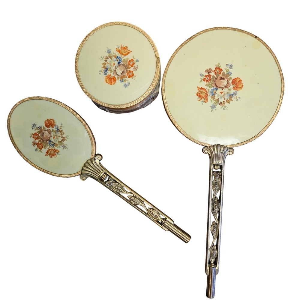 Vintage 3pc Vanity Set Floral Enamel Gold Filigree Mirror Brush Crystal Jar